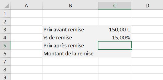 Copie d'écran d'Excel qui montre comment calculer une remise (partie 1/3)