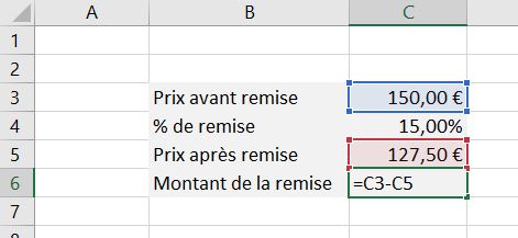 Copie d'écran d'Excel qui montre comment calculer une remise (partie 3/3)
