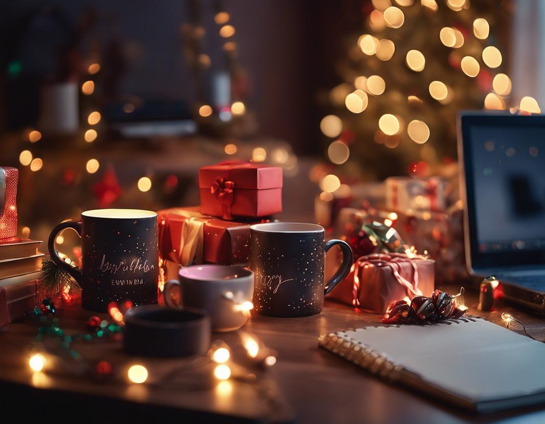Un bureau décoré festivement avec des cadeaux variés tels que des mugs personnalisés, des thés gourmet et des cahiers reliés en cuir, entourés de lumières de Noël scintillantes.