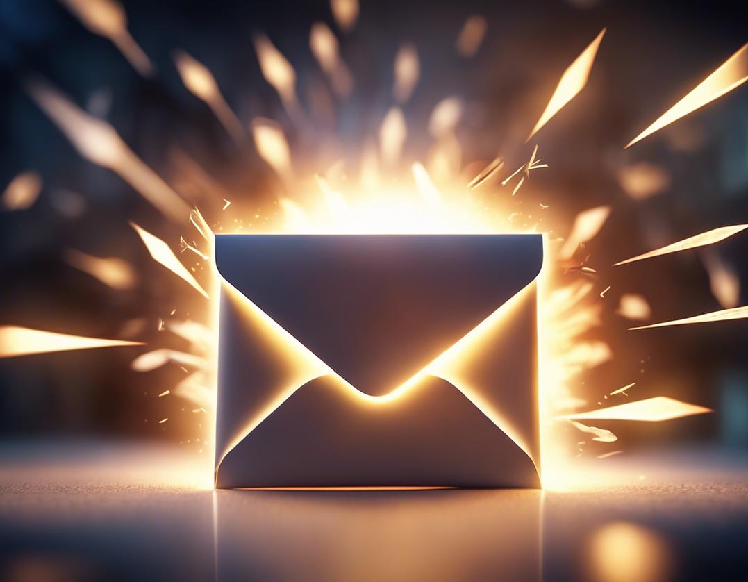 Illustration numérique en gros plan d'une enveloppe ouverte débordant de flèches lumineuses symbolisant la réputation améliorée de l'e-mail, finition mate, éclairage ambiant.