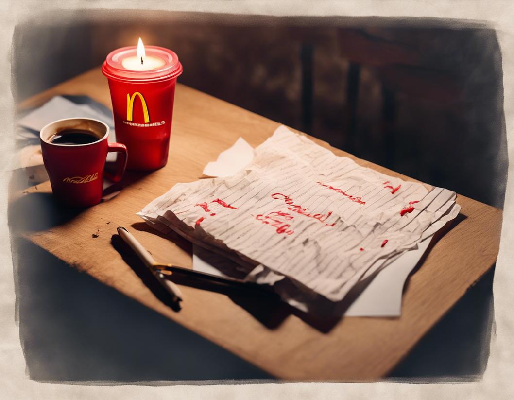 Vue en plongée d'un bureau en bois encombré de papiers froissés, une bougie rouge allumée, une tasse à café avec le logo de McDonald à côté d'une lettre soigneusement manuscrite, éclairage d'ambiance doux, finition mate, réalisme numérique.