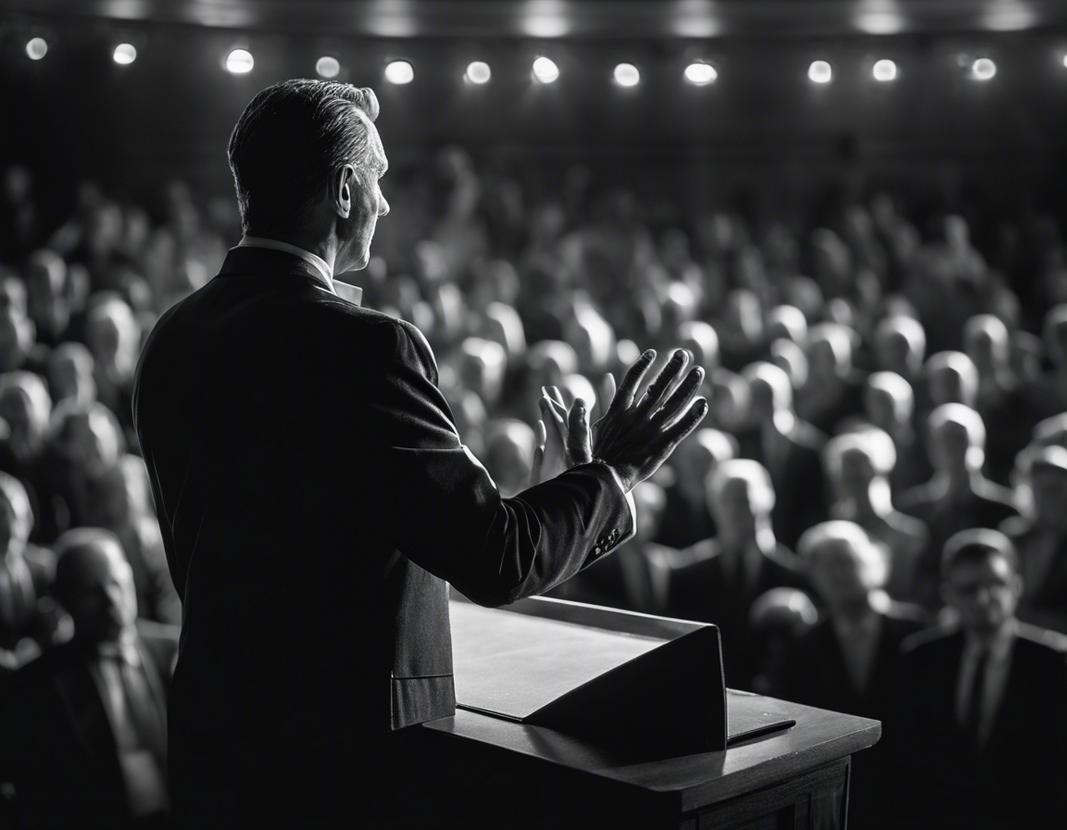Photographie en noir et blanc mettant subtilement en lumière un leader confiant, debout devant un podium, avec les mains tendues signifiant confiance et importance, et une foule floue en arrière-plan impliquant ambiguïté de leurs volontés soumises.