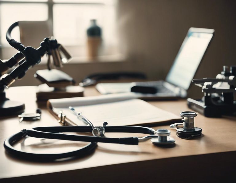 Image haute résolution d'un espace de bureau minimaliste avec un stéthoscope, un microscope et un journal médical ouvert.