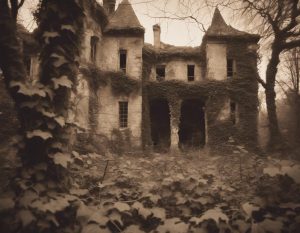 Photographie sépia d'un vieux château en pierre délabré, envahi par la vigne, situé dans une forêt sauvage préservée, avec un éclairage ambiant et un fini mat.