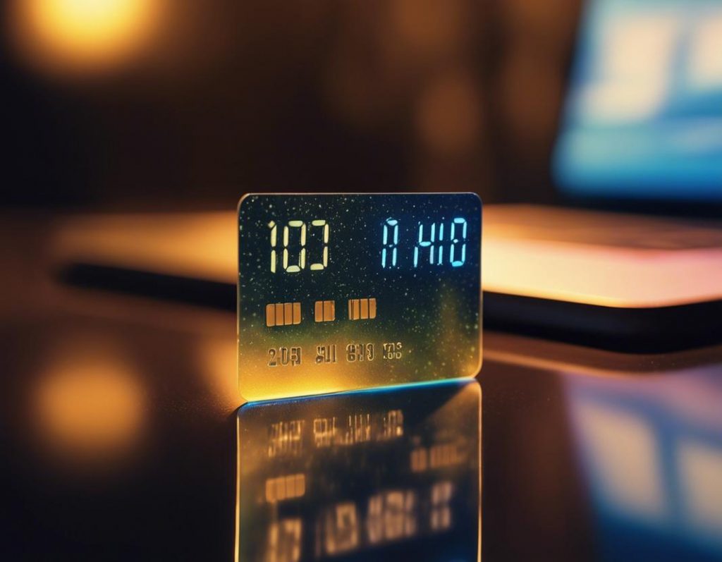 Image d'un petit réveil numérique, comptant à rebours 24 heures, placé sur une carte de crédit holographique flottante au-dessus d'un bureau épuré, avec un style minimaliste à contraste élevé illuminé par une lumière ambiante douce.