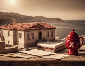 Image sépia d'une villa traditionnelle grecque surplombant la mer Égée, marquée d'un X rouge, sur un fond de contrats de dettes et d'annonces immobilières éparpillées sur une table rustique en bois, éclairage dramatique, textures réalistes.