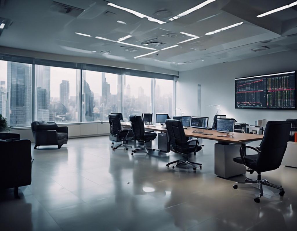 Image haute définition montrant l’intérieur moderne du bureau de Twineeds, avec des meubles élégants et des graphiques financiers affichés sur de grands écrans.
