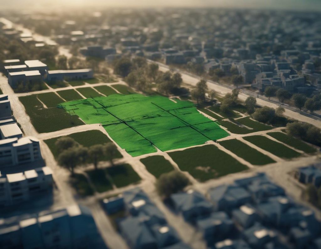 Photographie aérienne d'un terrain vierge vert marqué par des piquets en bois contre une représentation d'un plan de constructions potentielles.