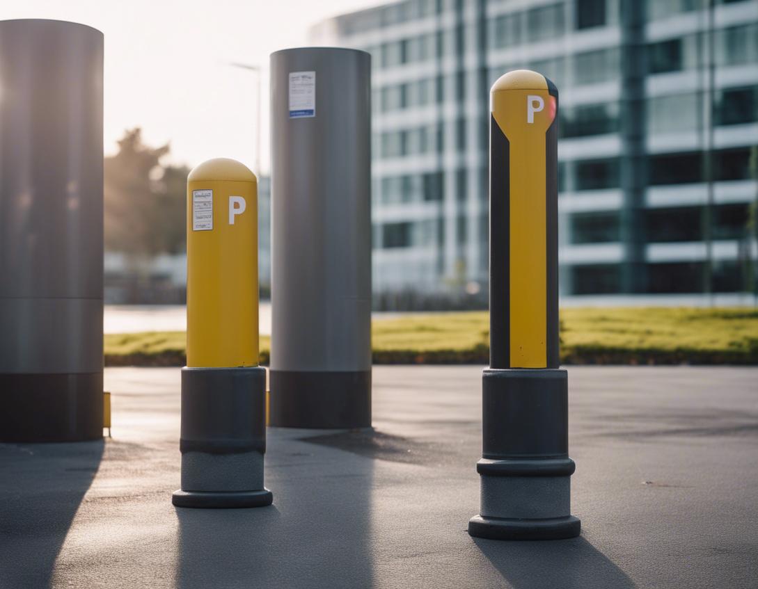 Photo de bollards anti-parking métalliques agencés sur le parking en asphalte d'un bâtiment d'entreprise, avec un panneau de signalisation réglementaire en français sous la rosée du matin et une lumière ambiante subtile.