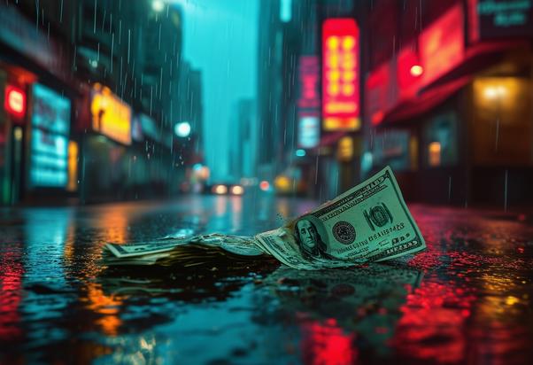 Scène urbaine crue avec un tas de billets jetés sur une rue mouillée par la pluie, éclairée par des néons, ambiance de film noir, couleurs délavées, mise au point nette.