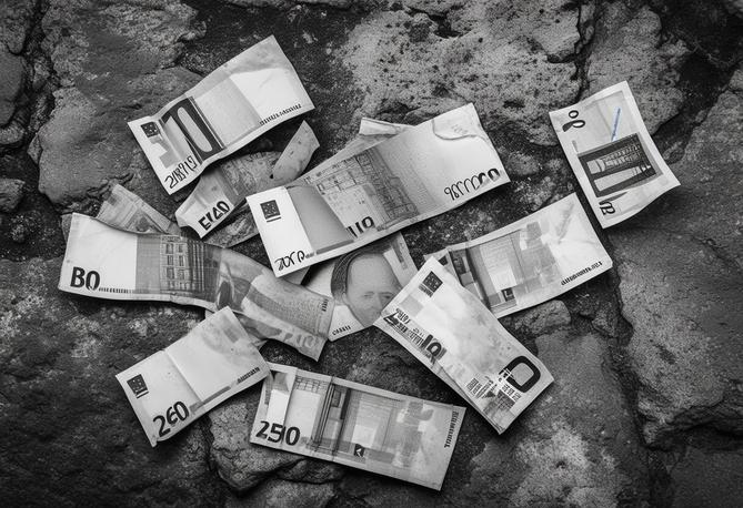 Image monochrome vintage avec des billets d'euros épars sur une surface en pierre rustique, évoquant une ancienne ère de richesse, avec un fini mat et un éclairage dramatique.