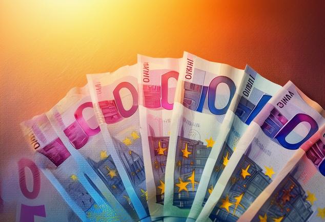 Composition artistique de billets d'euros en éventail formant un demi-cercle illuminé par une lumière douce, avec un traitement d'image surréaliste et un schéma de couleurs triadiques.