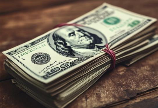 Photographie en gros plan d'une pile soignée de billets de cent dollars liée par un élastique sur un bureau en bois ancien, mise au point nette, éclairage ambiant.