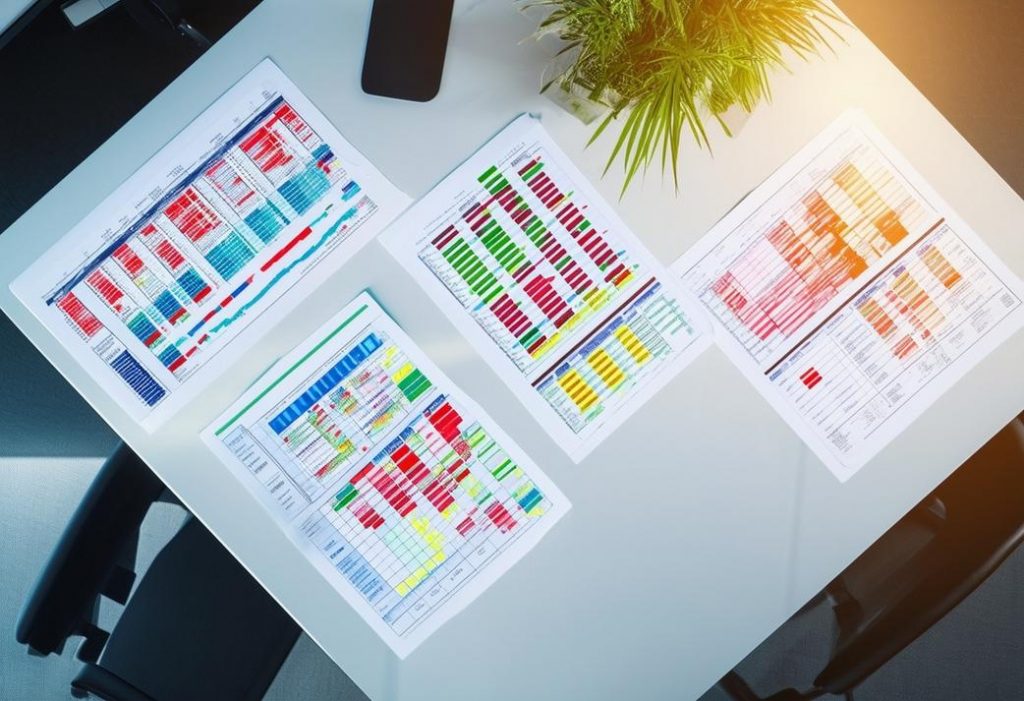 Photo aérienne de trois différentes matrices de risques colorées sur un bureau d'entreprise élégant, dans un bureau moderne avec un éclairage doux et ambiant.