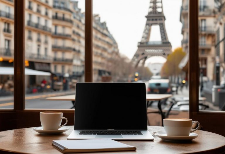 Photo minimaliste d'un ordinateur portable ouvert, un café et un bloc-notes sur une table de café parisien chic, avec la Tour Eiffel discrètement visible en arrière-plan.