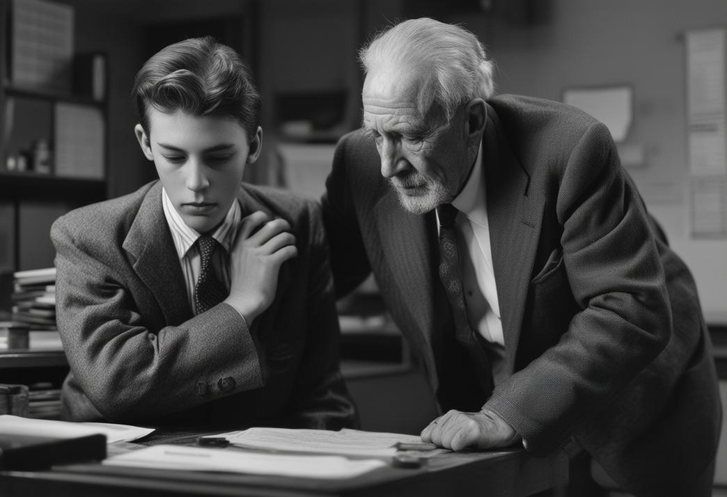 Photo vintage monochrome d'un gentleman plus âgé, sévère mais bienveillant, guidant un jeune employé diligent dans un bureau éclairé d'une lumière ambiante mate.