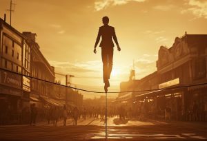 Photographie en sépia d'un funambule marchant avec assurance au-dessus d'une fosse marquée '7 erreurs courantes', avec un marché de franchise animé en dessous, éclairé par un soleil couchant chaleureux et une lumière ambiante douce, en résolution 4K.