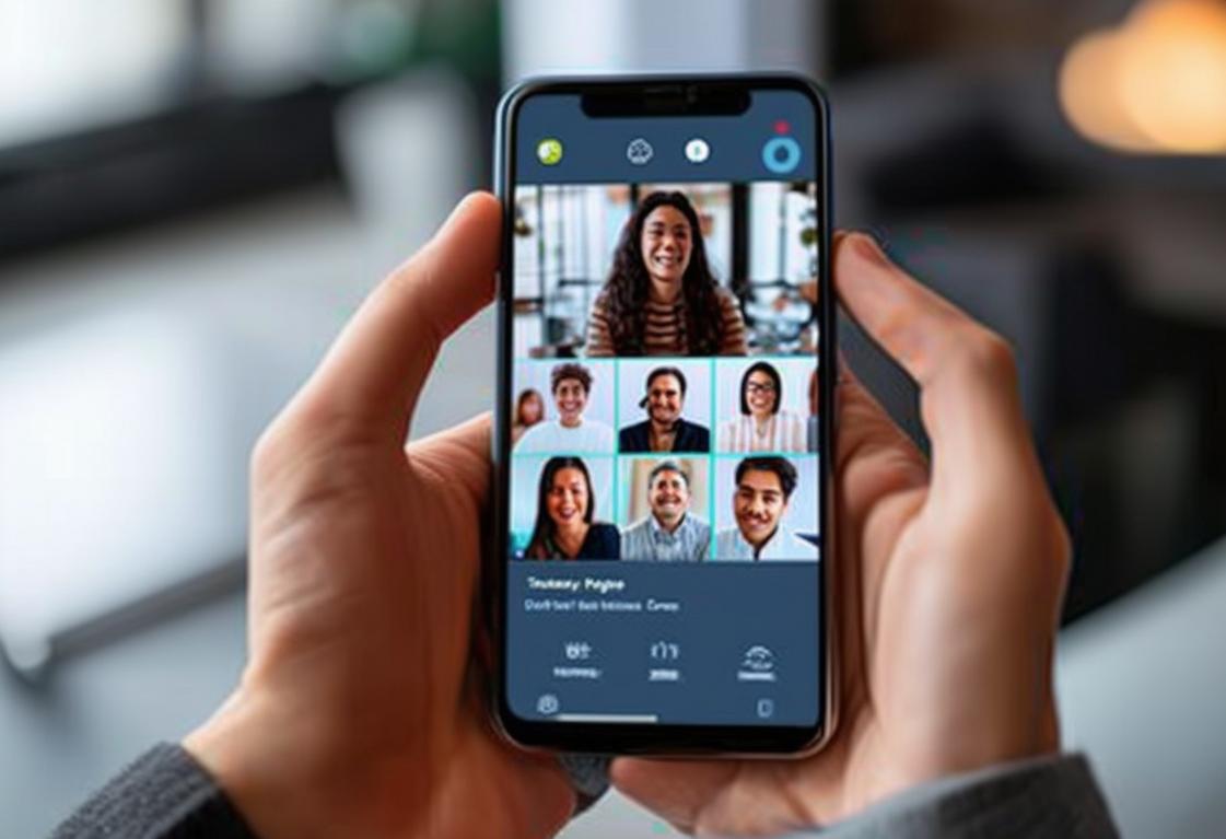 Gros plan d'une personne tenant un smartphone montrant un appel vidéo en cours avec plusieurs visages, sur fond flou.