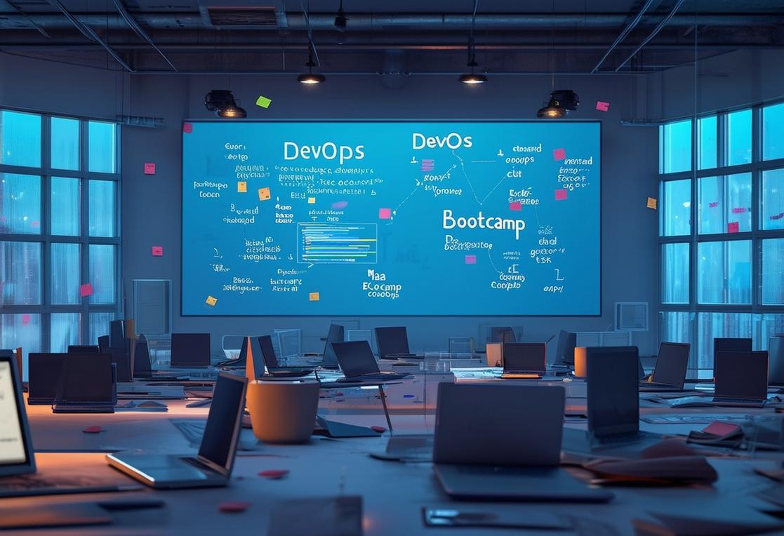 Image 4K d'un espace technologique avec des ordinateurs portables éparpillés, un grand écran affichant des diagrammes DevOps et des notes autocollantes avec du jargon codé, évoquant l'atmosphère animée d'un bootcamp DevOps, éclairé par une lumière ambiante, finition mate.