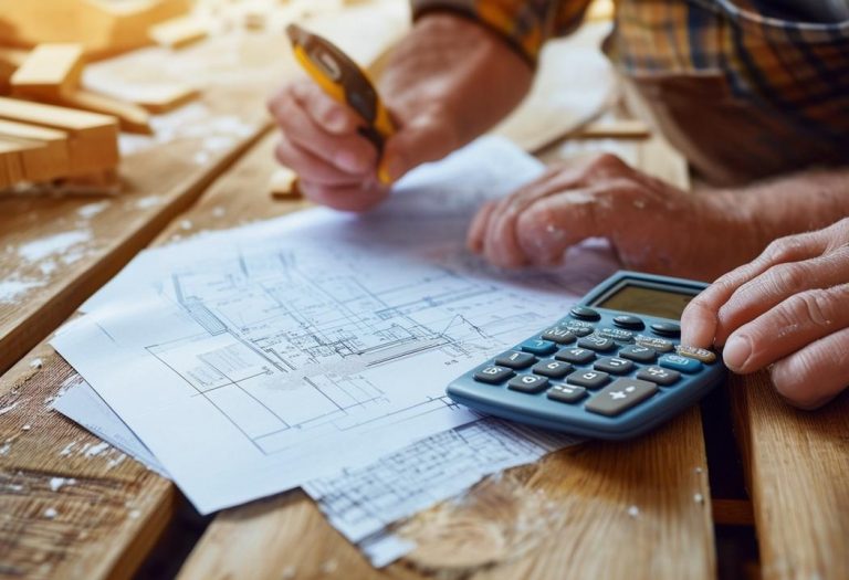 Photographie gros plan d'un propriétaire examinant attentivement un devis de plâtrerie tout en tenant une calculatrice et des plans, posés sur une table en bois rustique.