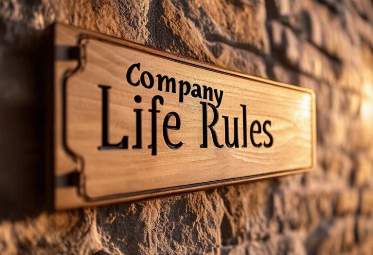 Un gros plan sur une plaque en bois gravée avec 'Company Life Rules' accrochée à un mur en briques rustique, éclairée d'une douce lumière matinale.