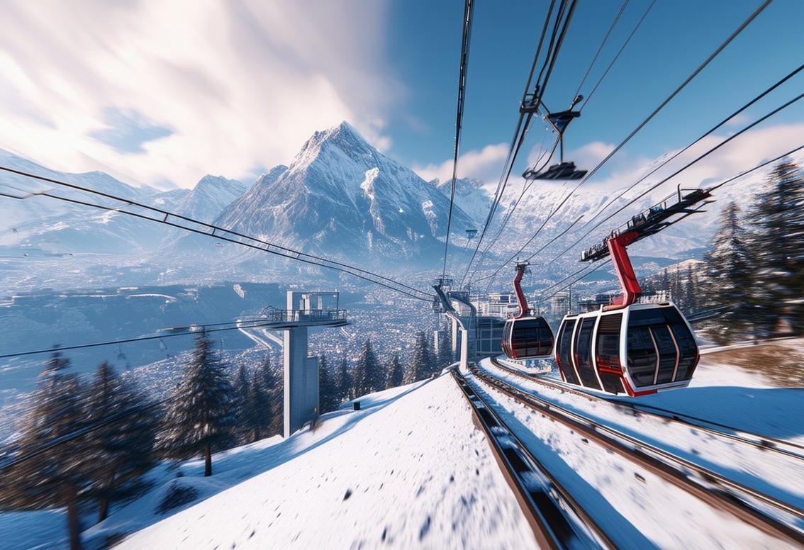 Vue à la première personne à travers un casque VR, observant les emblématiques téléphériques de Grenoble et les montagnes enneigées dans un environnement numérique réaliste, mise au point précise, éclairage ambiant.