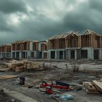 Panorama sombre de chantiers de construction abandonnés, avec des maisons partiellement construites et des outils laissés de côté, sous un ciel couvert.