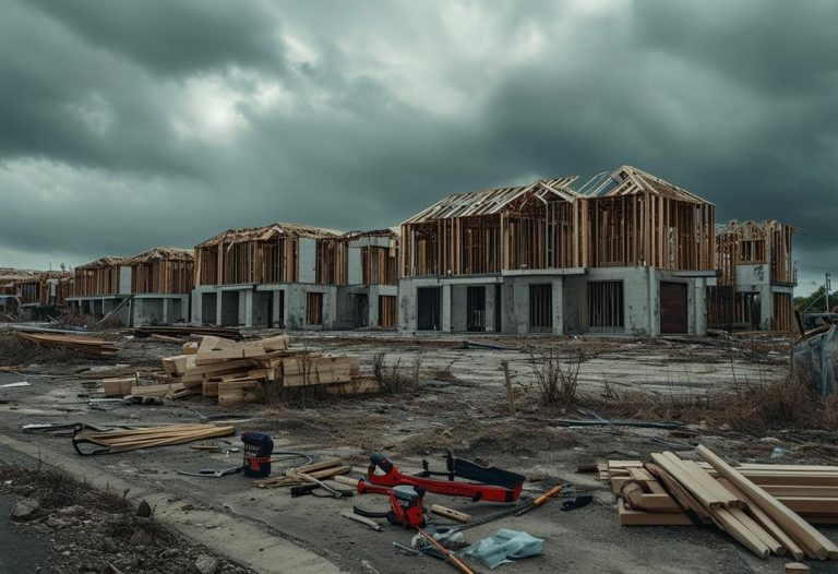 Panorama sombre de chantiers de construction abandonnés, avec des maisons partiellement construites et des outils laissés de côté, sous un ciel couvert.