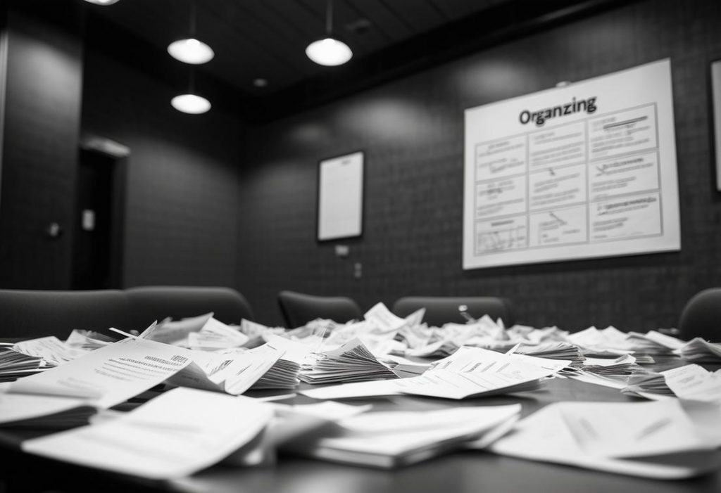 Photographie dépeignant des bulletins de vote éparpillés sur une table de conférence en bois, sous la douce lumière d'éclairage en suspension, avec des chaises méticuleusement rangées et un affiche simplifiée, étape par étape, sur l'organisation d'un vote accrochée sur un tableau de liège adjacent.