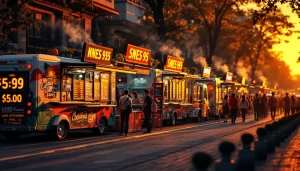 Camionnettes gourmandes illuminées au crépuscule, proposant une variété de mets savoureux.