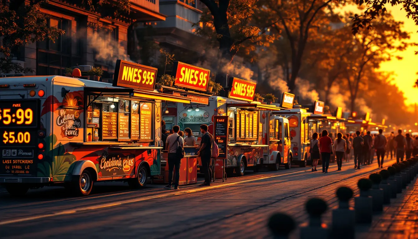 Camionnettes gourmandes illuminées au crépuscule, proposant une variété de mets savoureux.