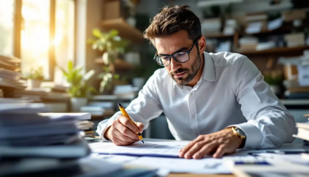 Expert-comptable concentré sur l'analyse de documents financiers avec des graphiques et des calculs.