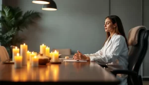 Une séance d'hypnose en entreprise avec un praticien et des participants attentifs.