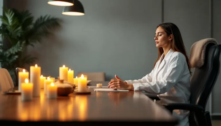 Une séance d'hypnose en entreprise avec un praticien et des participants attentifs.