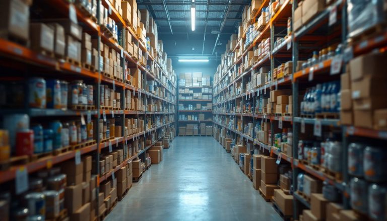 Entrepôt bien éclairé rempli de marchandises soigneusement rangées.