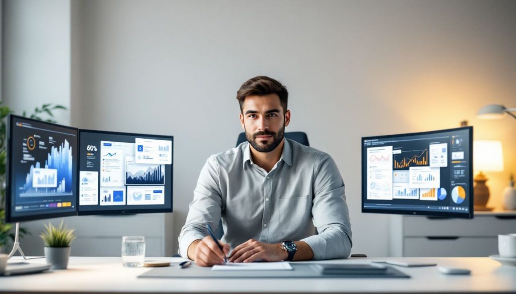 Un entrepreneur concentré travaille sur un ordinateur portable dans un environnement moderne et épuré.