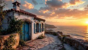 Maison abandonnée silhouettée au crépuscule, entourée d'herbes folles.