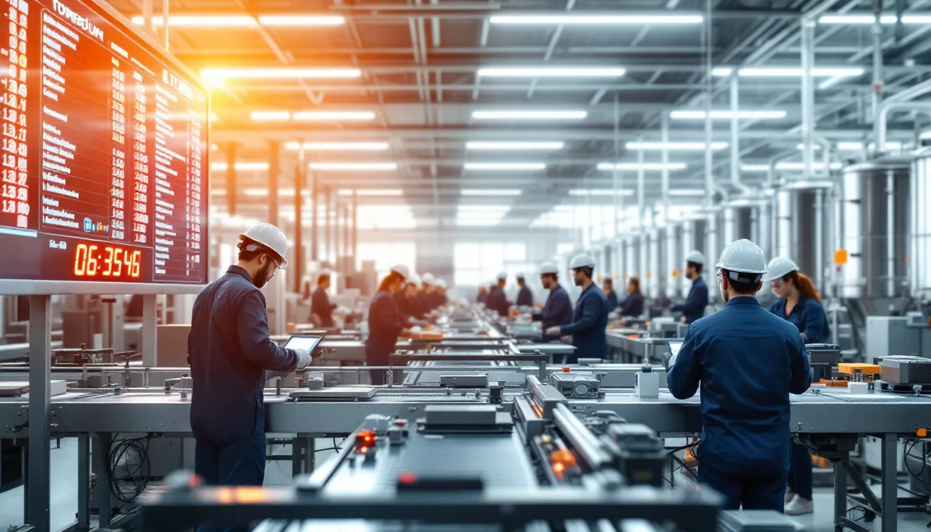 Des ouvriers concentrés au sein d'un atelier de production moderne, illustrant l'efficacité industrielle en action.