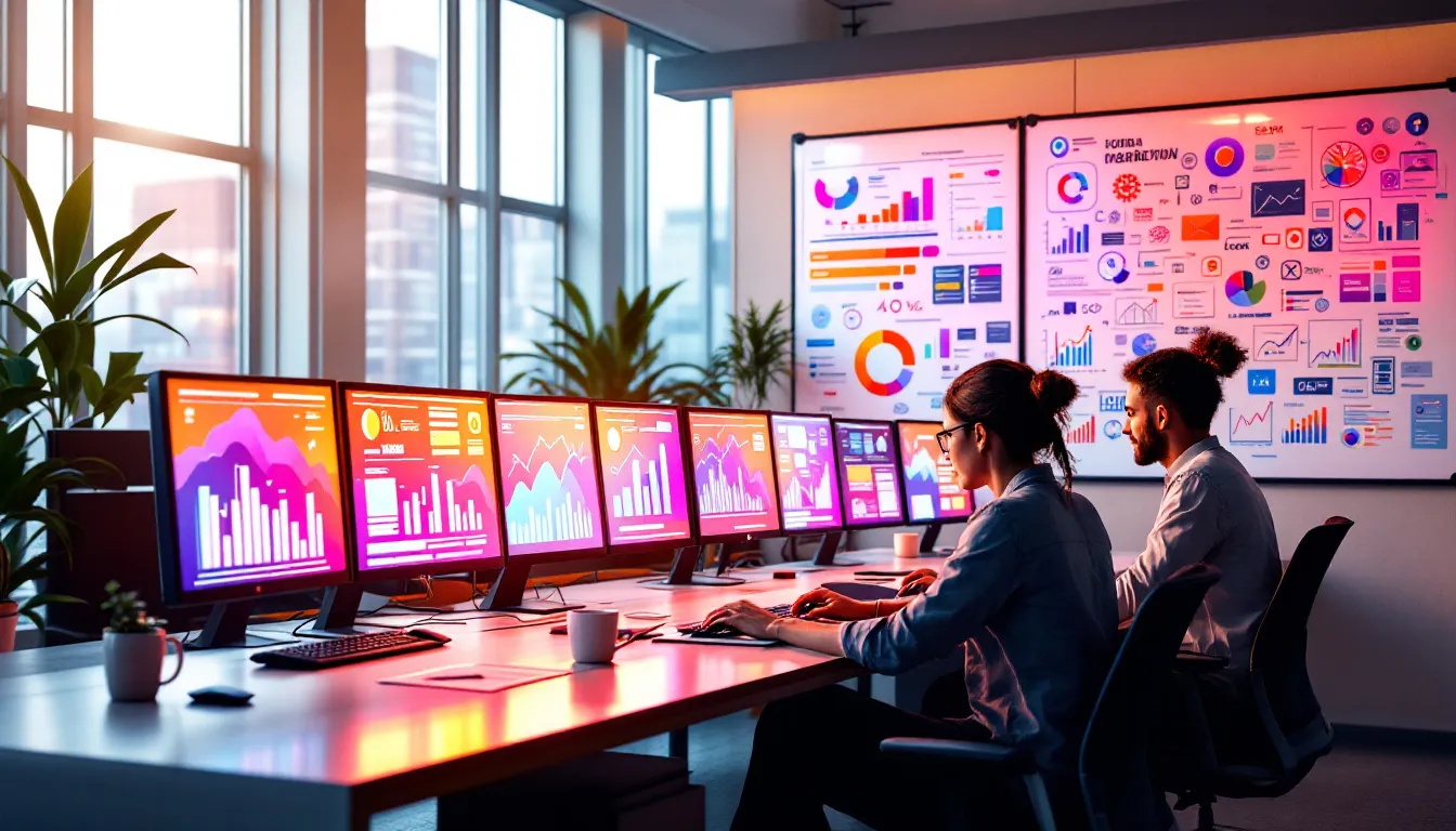 Bureau moderne d'agence marketing avec des bureaux épurés, des écrans d'ordinateur et des éléments de design contemporain.