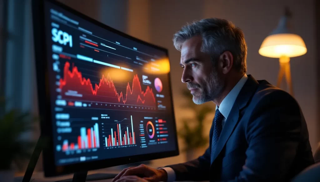 Un businessman examine des graphiques financiers et des documents analytiques.