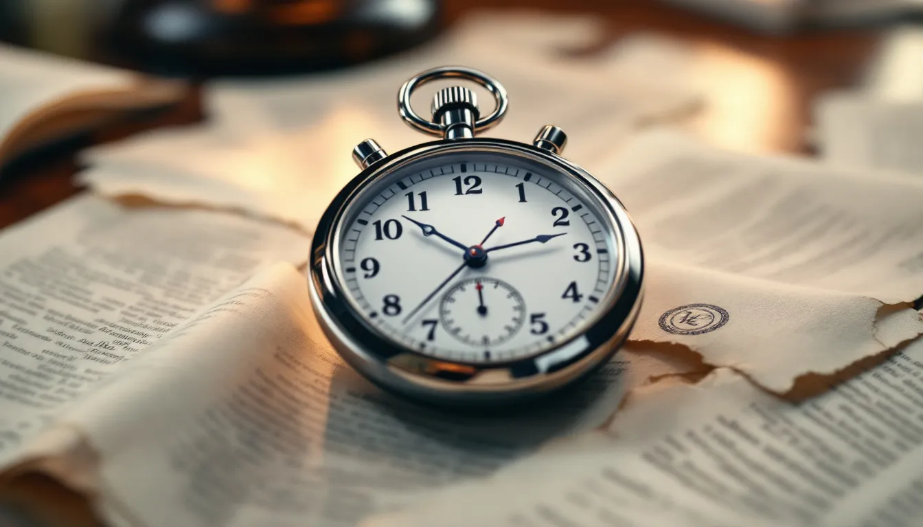 Horloge antique posée sur des livres de droit, symbolisant le temps et la justice.