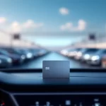 Gestion moderne d'un parc automobile avec des véhicules organisés et des outils numériques visibles.