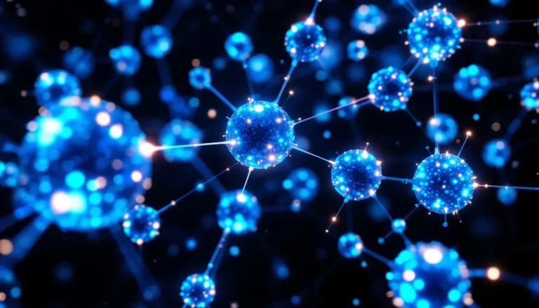 Réseau complexe de données illuminées représentant des connexions variées.