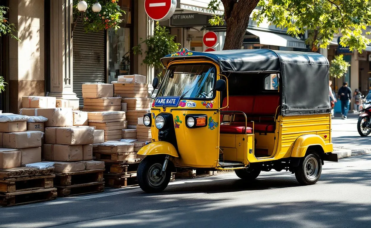 Un tuk-tuk coloré transporte des colis sur une route.
