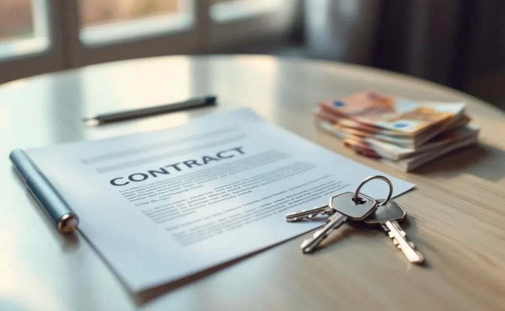 Clés, contrat et billets en euros posés ensemble sur une table.