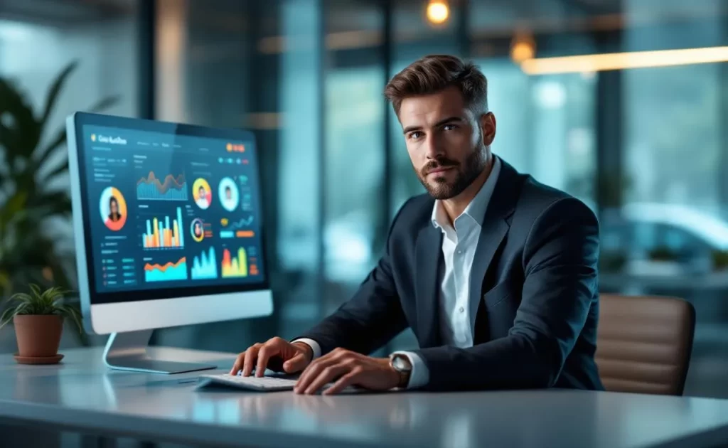 Un consultant examine des graphiques et tableaux de données CRM sur un ordinateur.