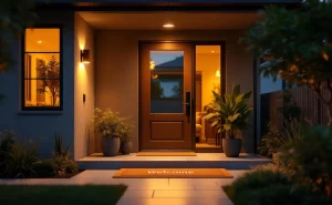 Entrée accueillante d’une maison moderne avec une porte vitrée, des plantes et un éclairage doux.
