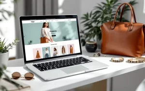 Un ordinateur portable moderne affiche une boutique de mode WooCommerce avec le thème Claue, entouré d’accessoires élégants sur un bureau blanc éclairé naturellement.