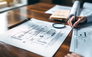 Un document technique ouvert repose sur un bureau en bois, accompagné de plans d’architecture et d’un contrat éclairés par la lumière du jour.
