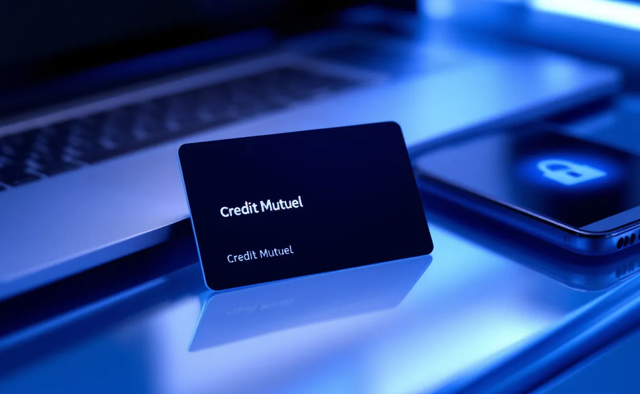 Carte bancaire Crédit Mutuel posée près d’un ordinateur portable et d’un smartphone affichant un cadenas numérique sur un bureau en verre, dans une ambiance bleutée.
